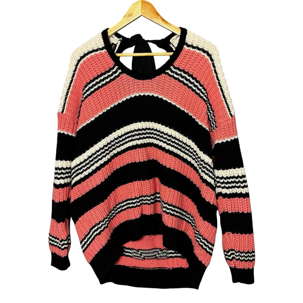 TORRID Pink Black Striped Knit SWEATER Bow Tie Back Women Size 2